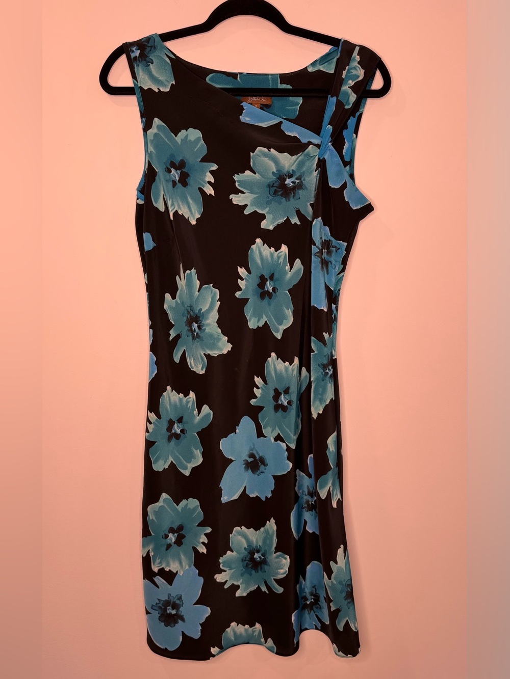 Vintage Jessica Sleeveless Black Dress Blue Floral Print asymetric neckline 14